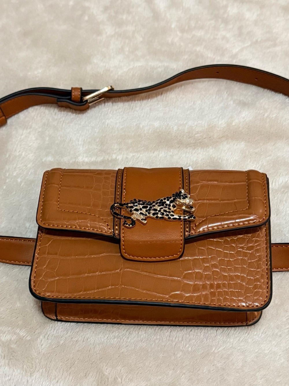 Topshop Tan Croc-Embossed belt bag with Leopard Accent